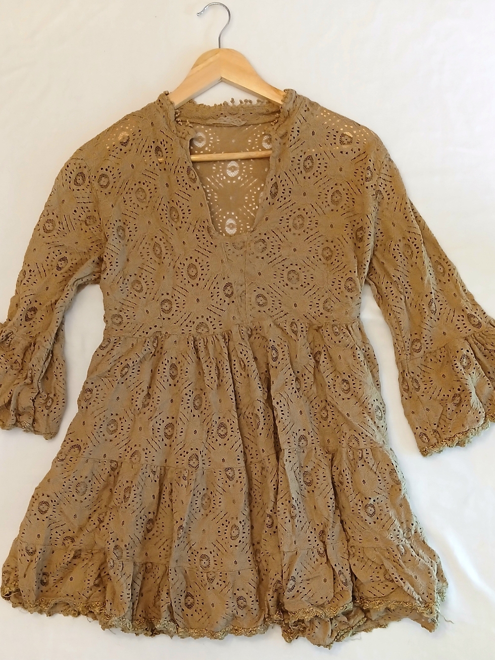 Vintage Made in Italy Cotton Nylon Eyelet Lace Mini Dress Boho Bell Sleeve Tan L